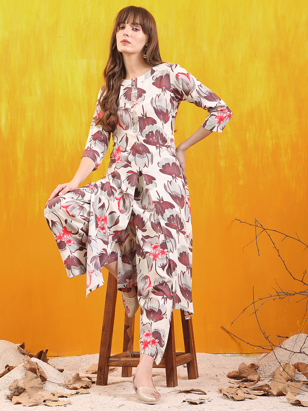 Floral Printed Front Slit Kurta with Palazzo pant