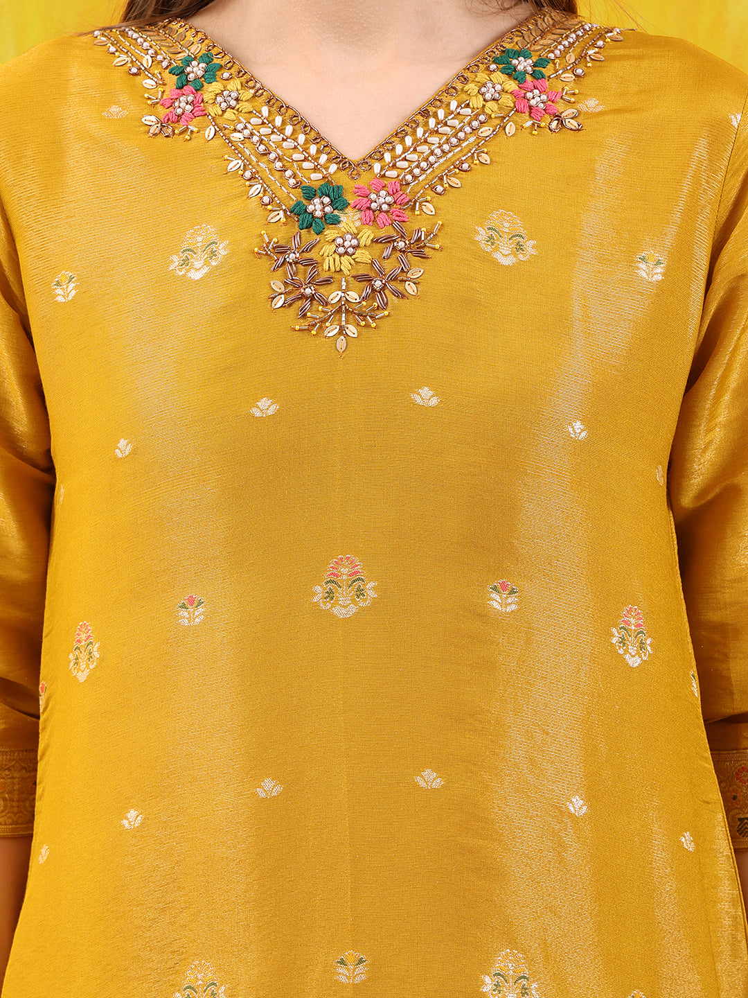 Pure Banarasi Jacquard Hand Embroidered Kurta with Pant & Banarasi Jacquard Dupatta