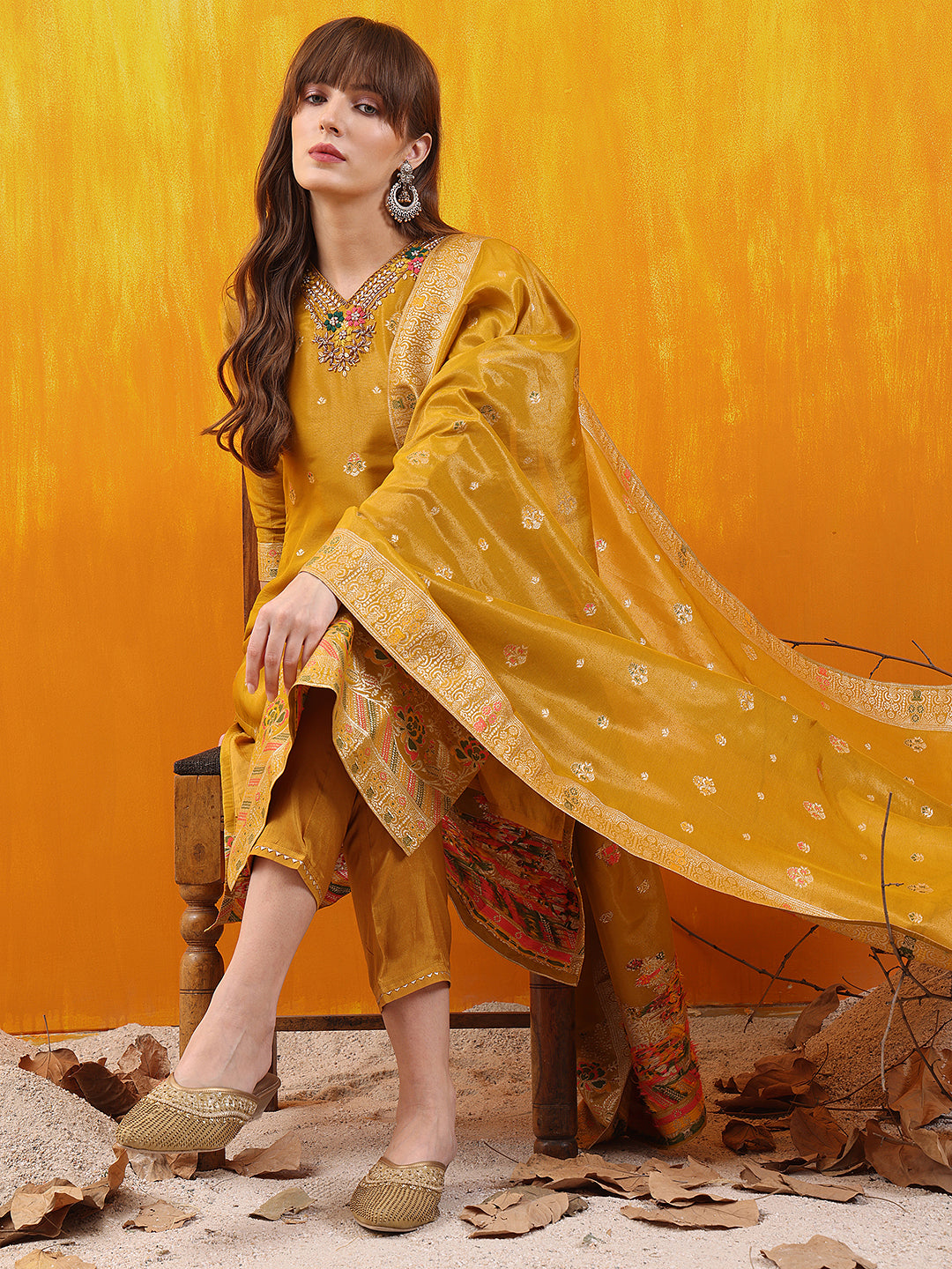 Pure Banarasi Jacquard Hand Embroidered Kurta with Pant & Banarasi Jacquard Dupatta