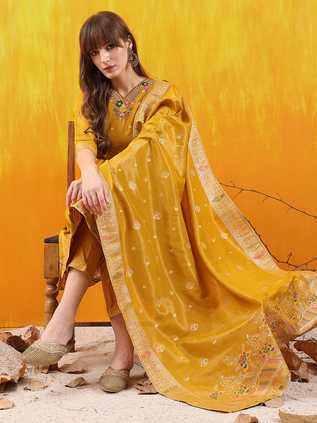 Pure Banarasi Jacquard Hand Embroidered Kurta with Pant & Banarasi Jacquard Dupatta