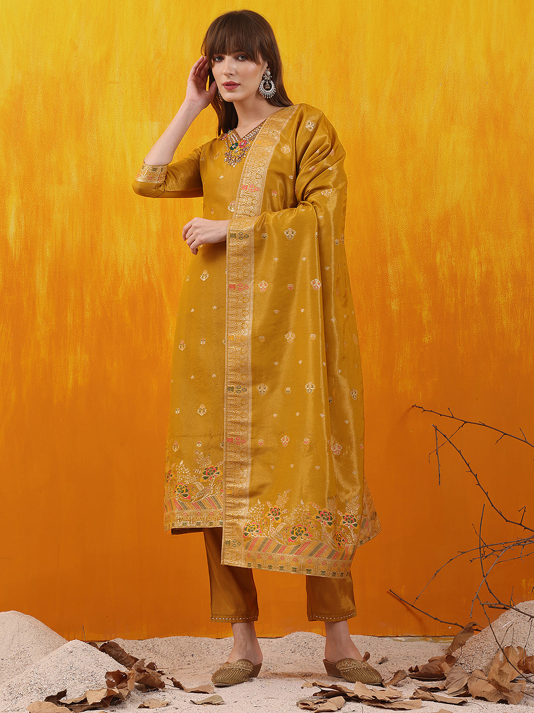 Pure Banarasi Jacquard Hand Embroidered Kurta with Pant & Banarasi Jacquard Dupatta