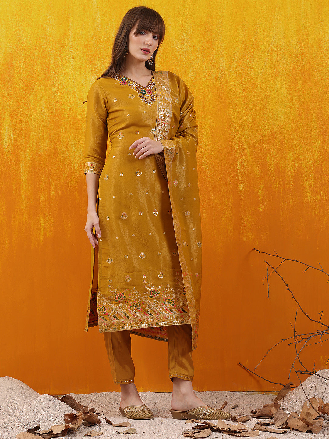 Pure Banarasi Jacquard Hand Embroidered Kurta with Pant & Banarasi Jacquard Dupatta