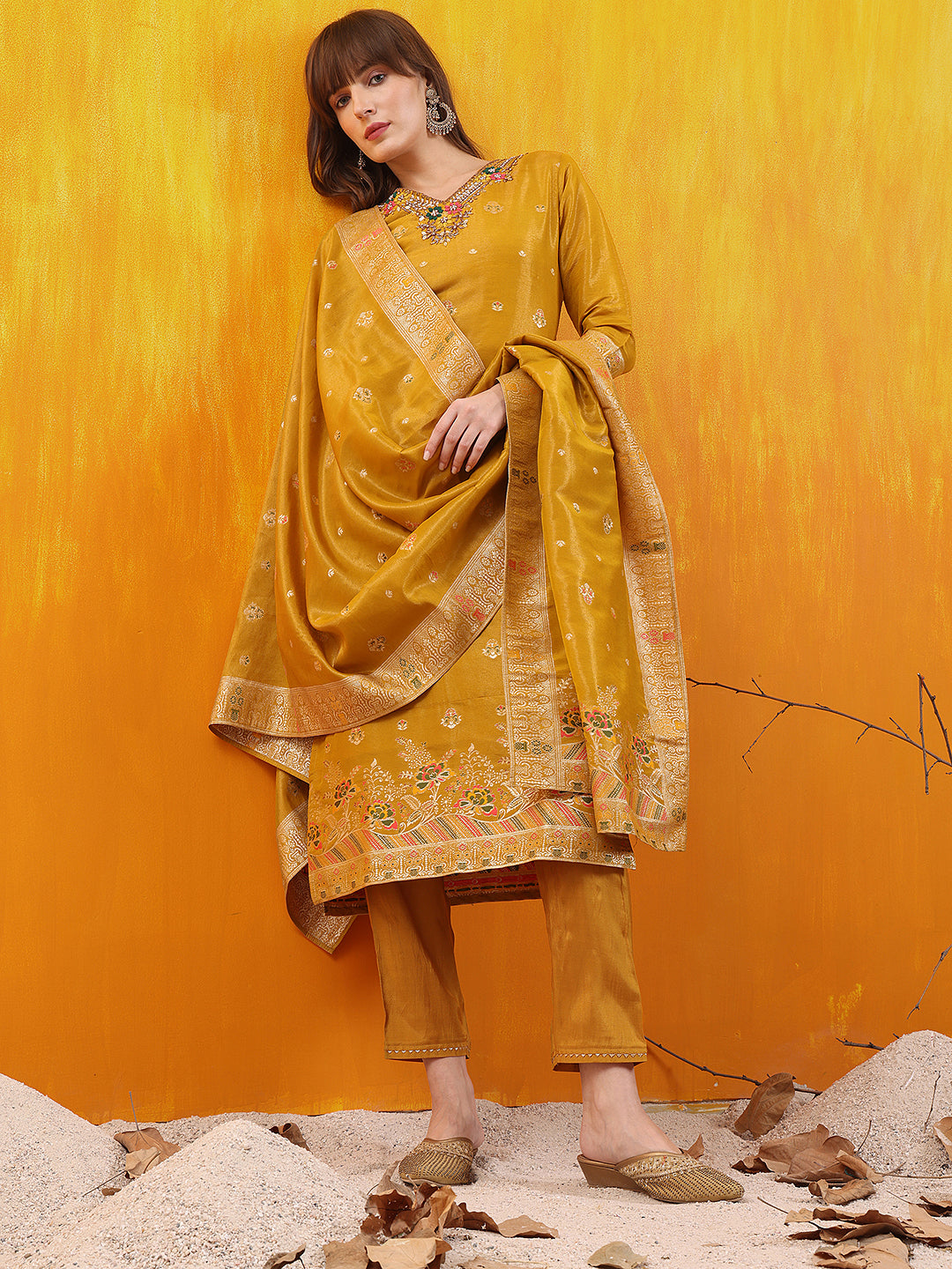 Pure Banarasi Jacquard Hand Embroidered Kurta with Pant & Banarasi Jacquard Dupatta