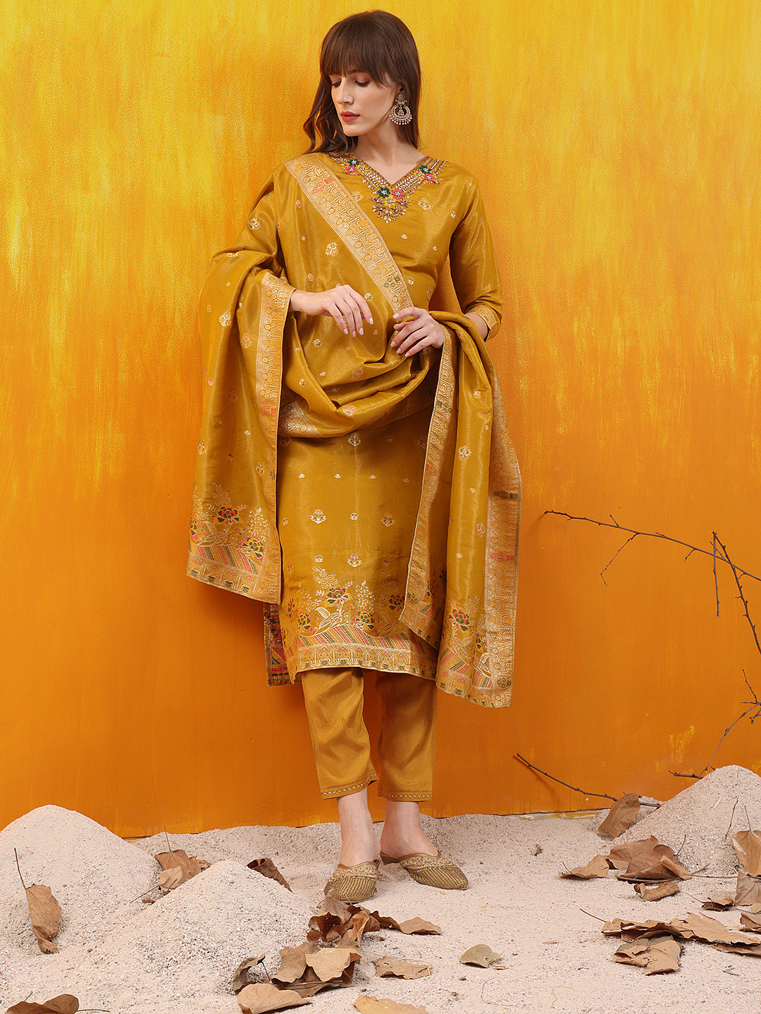 Pure Banarasi Jacquard Hand Embroidered Kurta with Pant & Banarasi Jacquard Dupatta