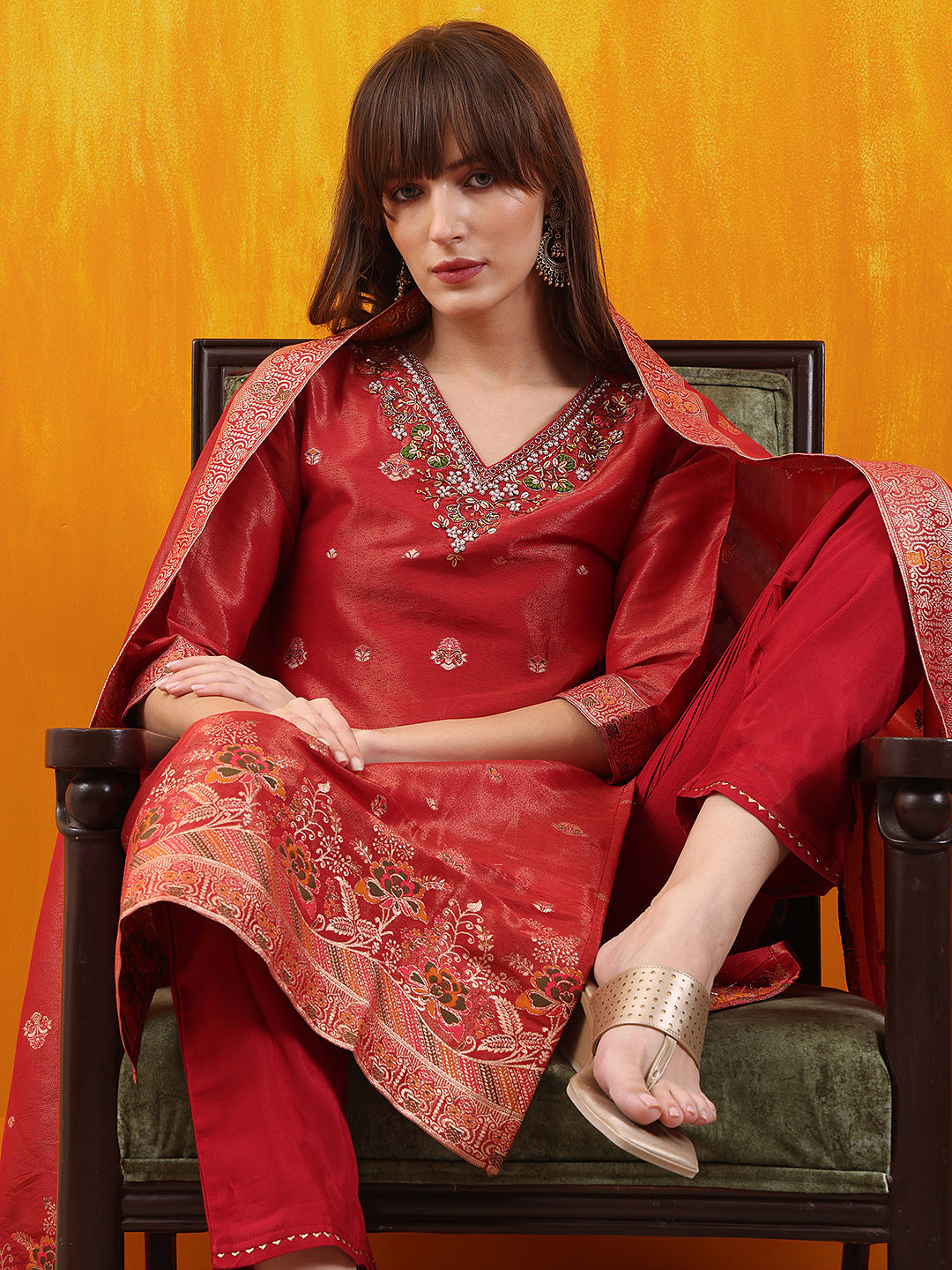 Pure Banarasi Jacquard Hand Embroidered Kurta with Pant & Banarasi Jacquard Dupatta