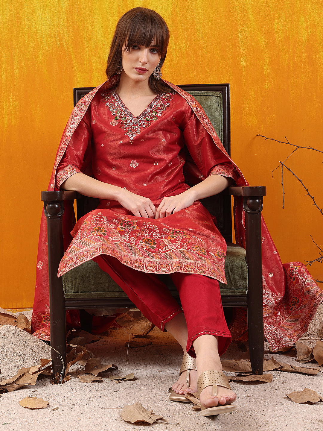 Pure Banarasi Jacquard Hand Embroidered Kurta with Pant & Banarasi Jacquard Dupatta