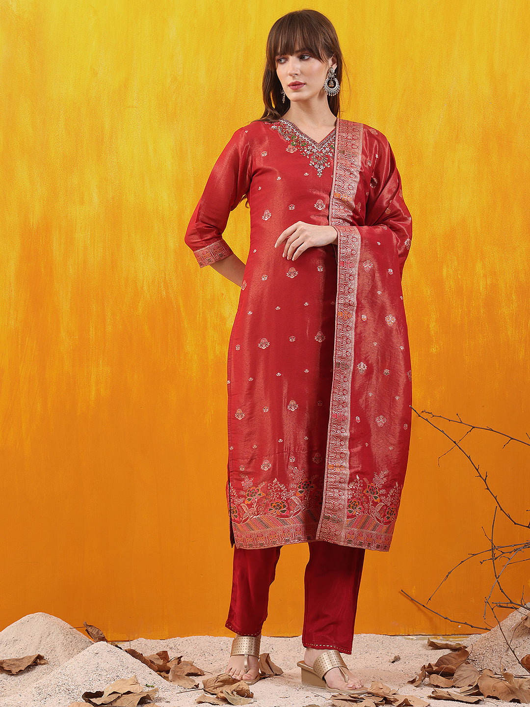 Pure Banarasi Jacquard Hand Embroidered Kurta with Pant & Banarasi Jacquard Dupatta