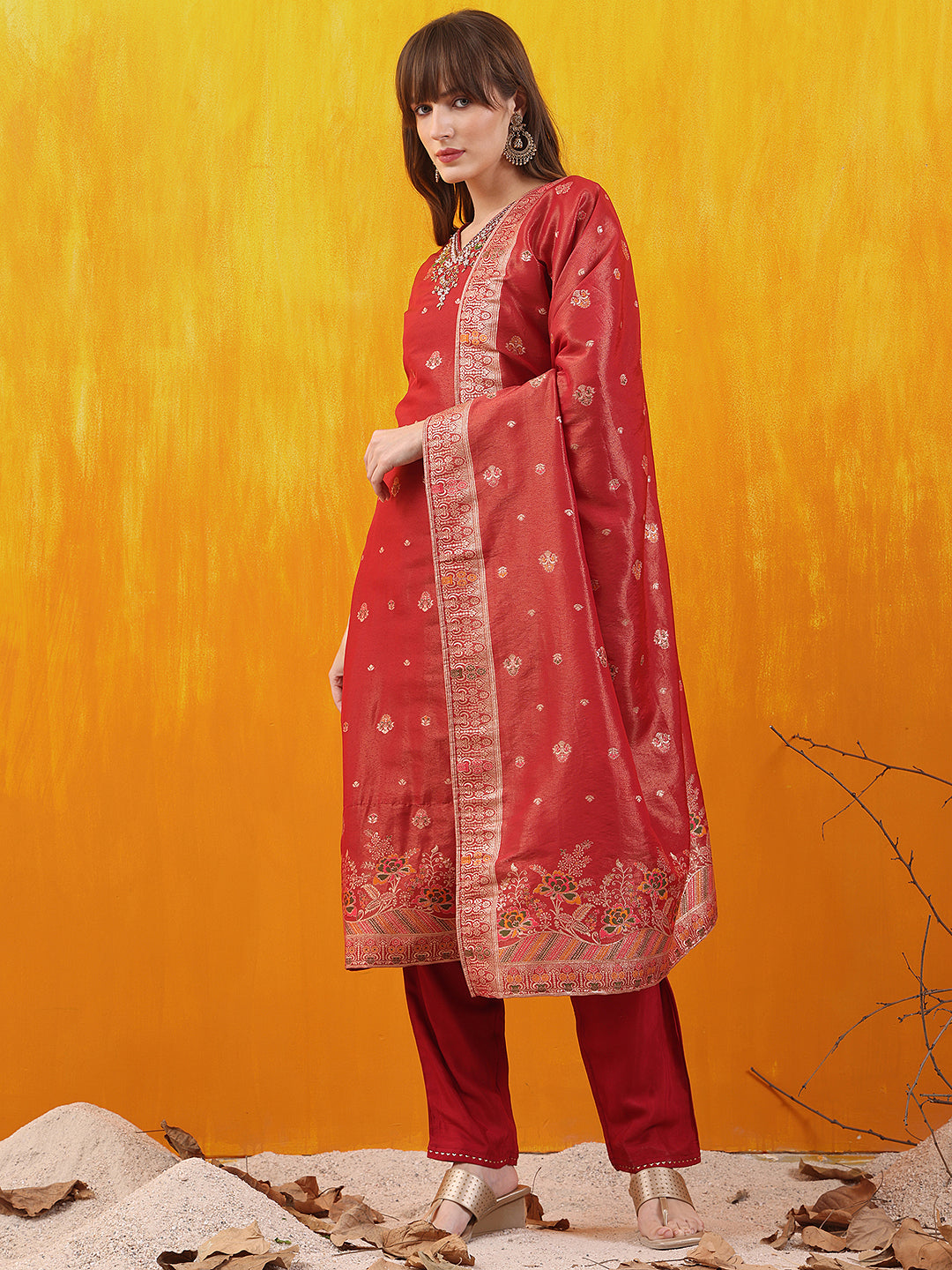 Pure Banarasi Jacquard Hand Embroidered Kurta with Pant & Banarasi Jacquard Dupatta