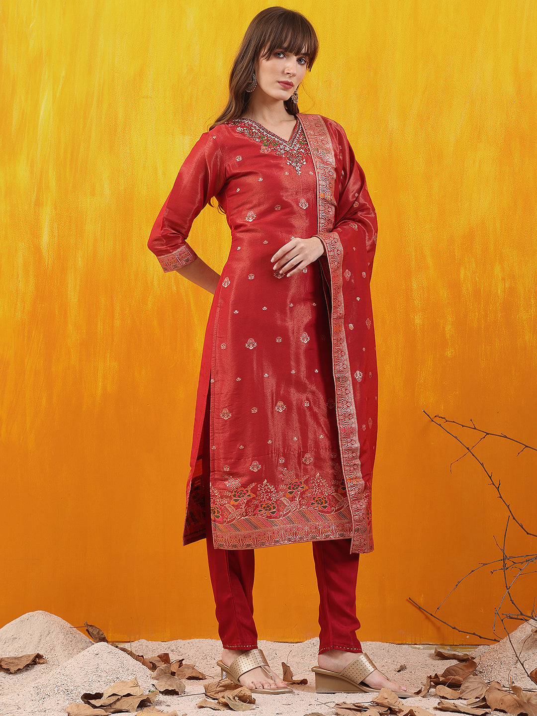 Pure Banarasi Jacquard Hand Embroidered Kurta with Pant & Banarasi Jacquard Dupatta