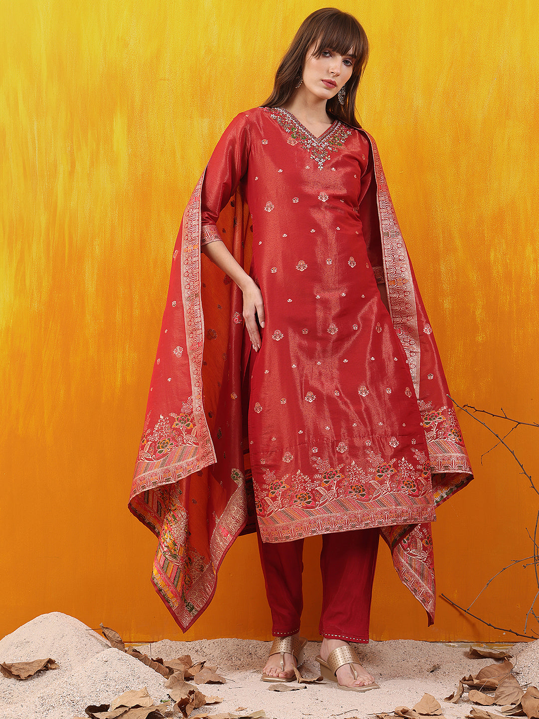 Pure Banarasi Jacquard Hand Embroidered Kurta with Pant & Banarasi Jacquard Dupatta