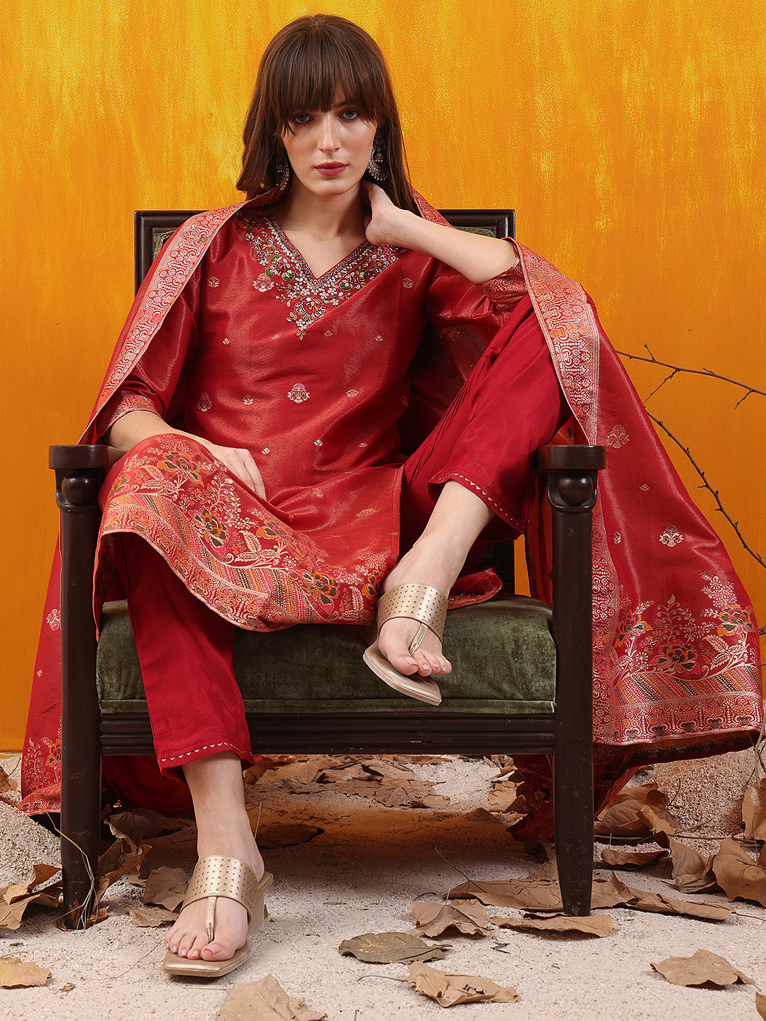 Pure Banarasi Jacquard Hand Embroidered Kurta with Pant & Banarasi Jacquard Dupatta