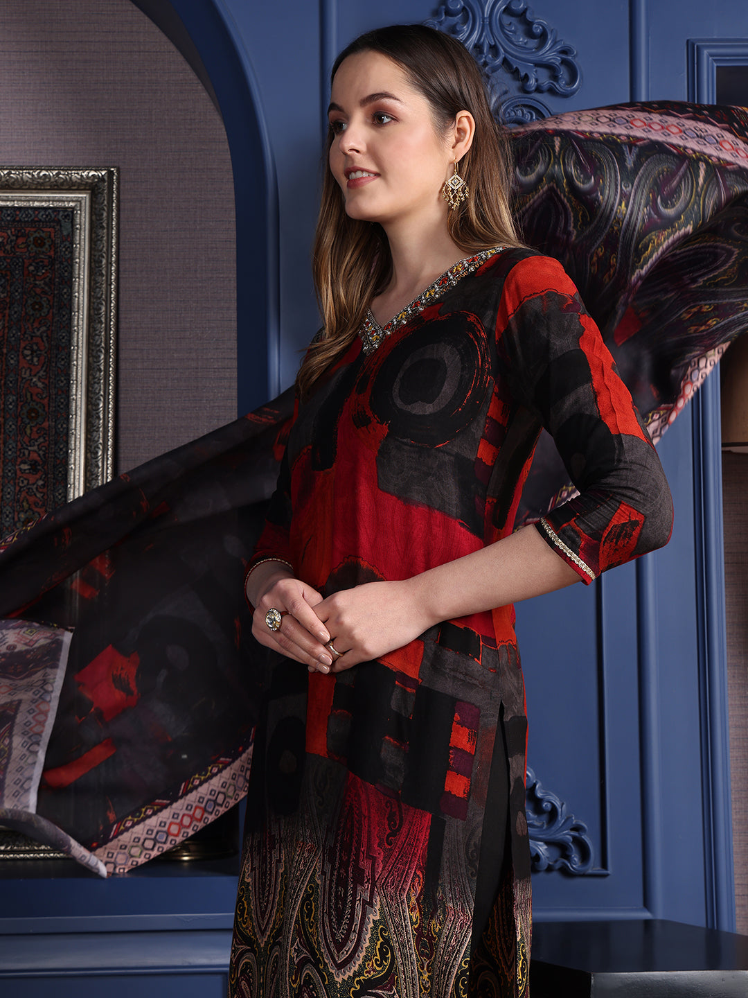 Hand embroidered & printed Kurta with pant & Dupatta