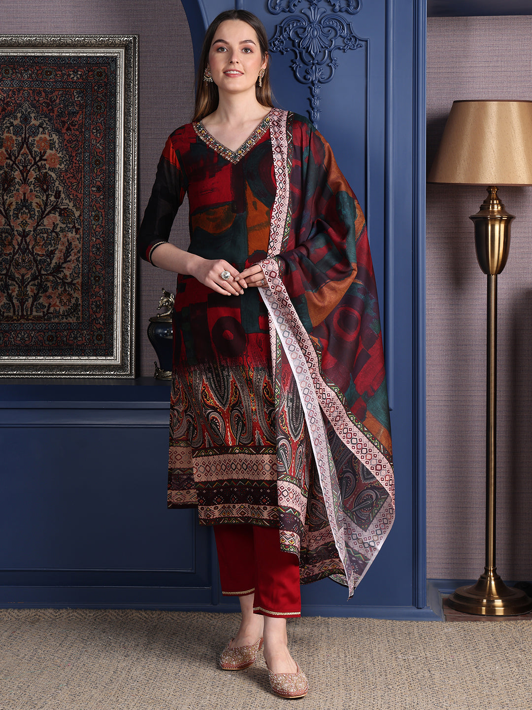 Hand embroidered & printed Kurta with pant & Dupatta