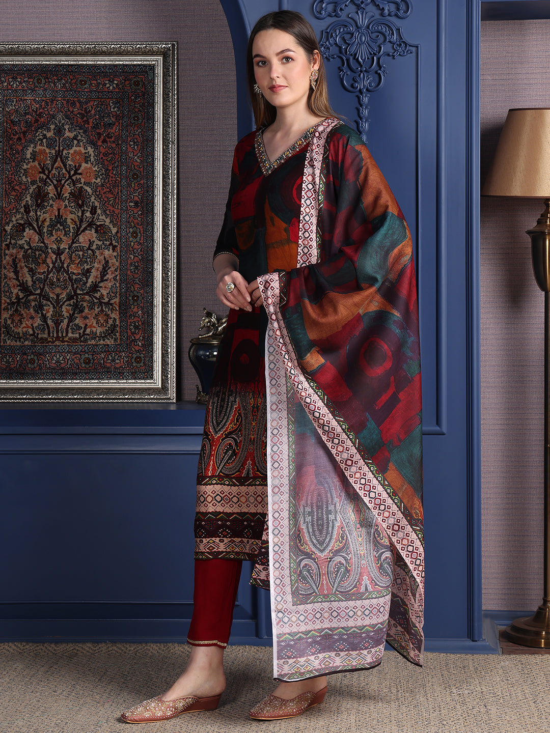 Hand embroidered & printed Kurta with pant & Dupatta