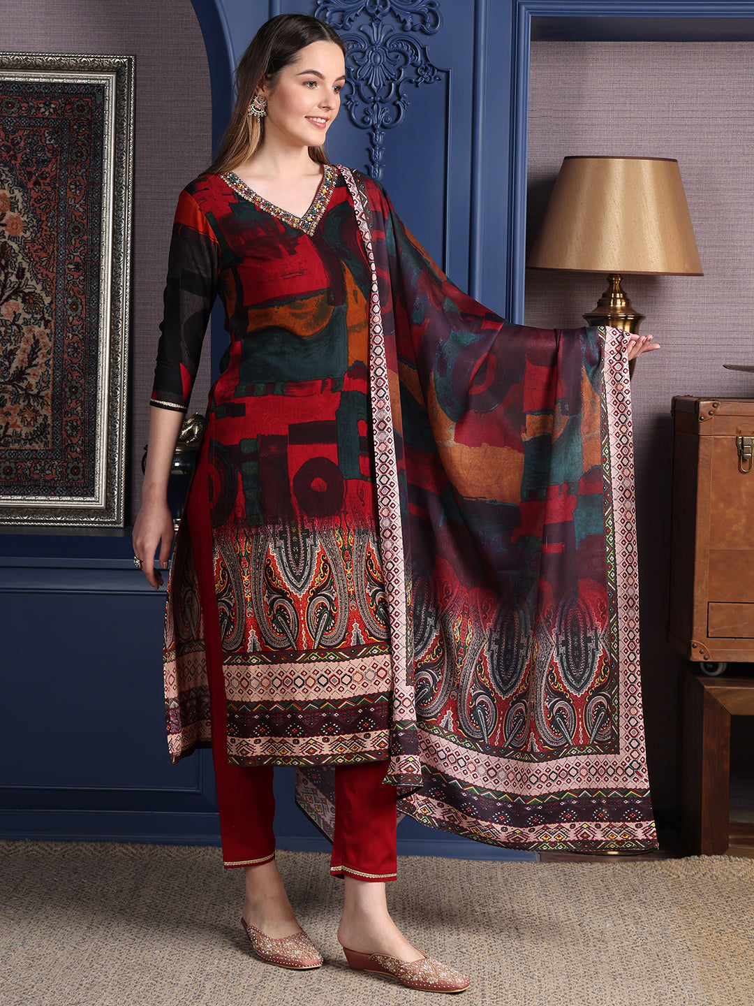 Hand embroidered & printed Kurta with pant & Dupatta