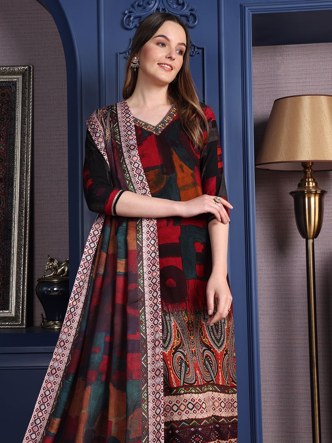 Hand embroidered & printed Kurta with pant & Dupatta