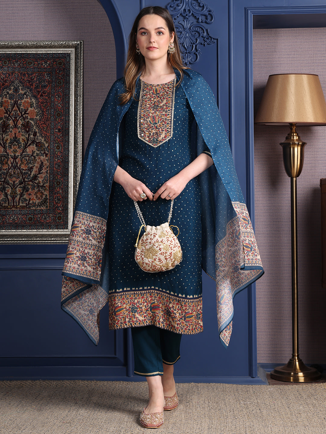 Hand Embroidered & printed kurta with pant & Dupatta