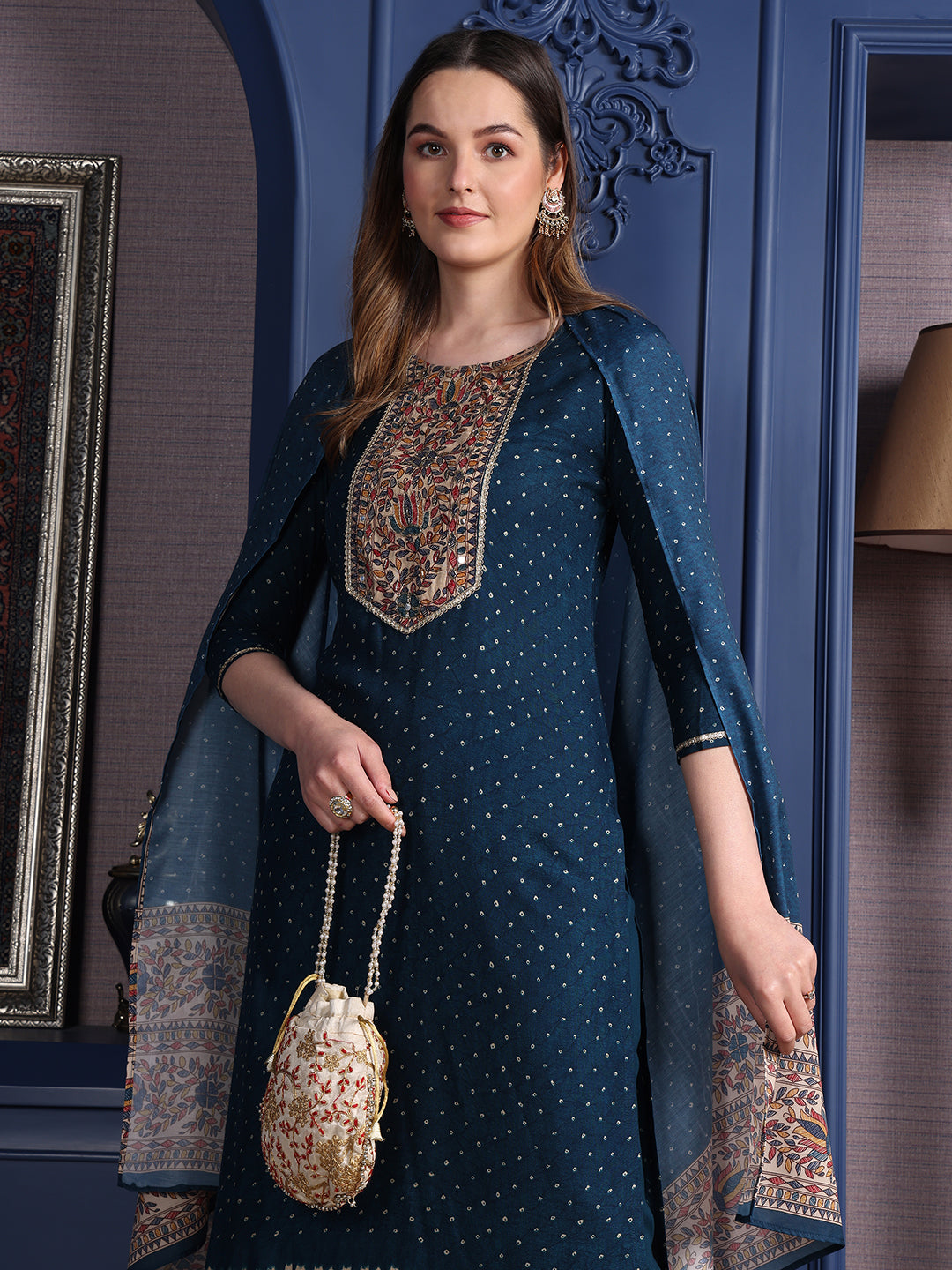 Hand Embroidered & printed kurta with pant & Dupatta