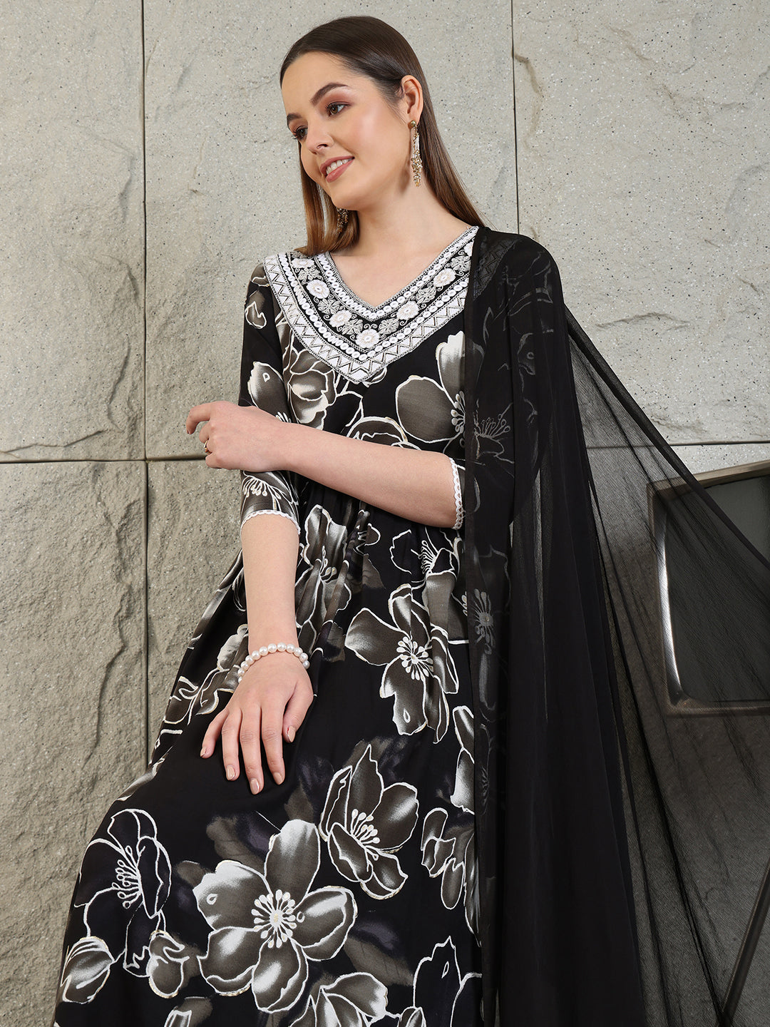 Embroidered & Floral Printed Flared A-line kurta with pant & dupatta