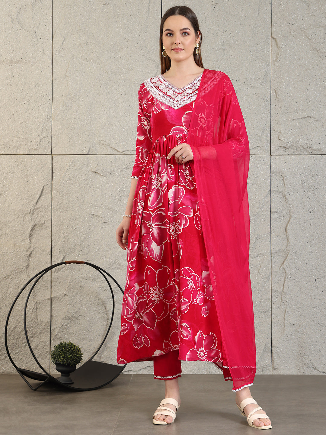 Embroidered & Floral Printed Flared A-line kurta with pant & dupatta