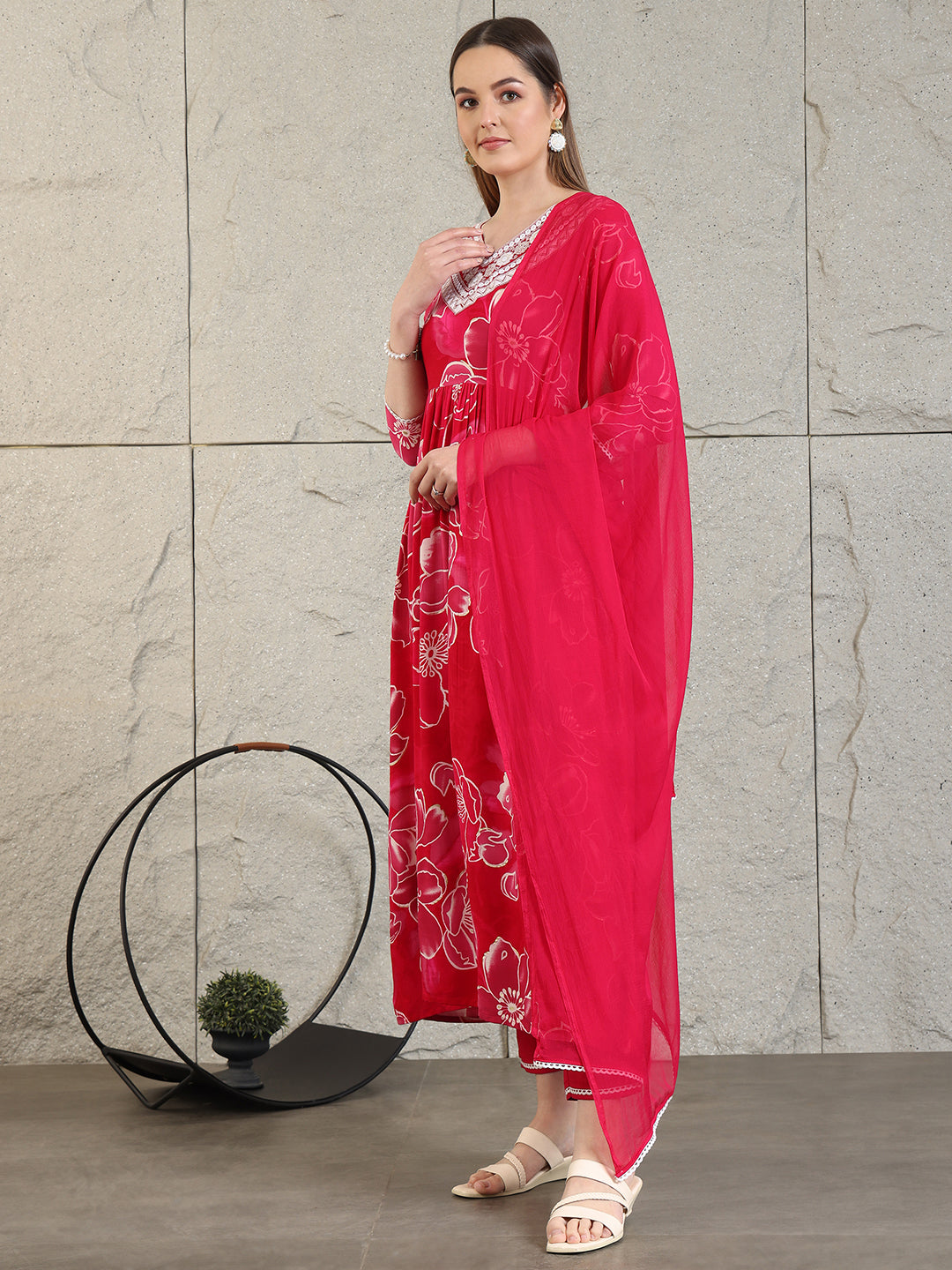 Embroidered & Floral Printed Flared A-line kurta with pant & dupatta