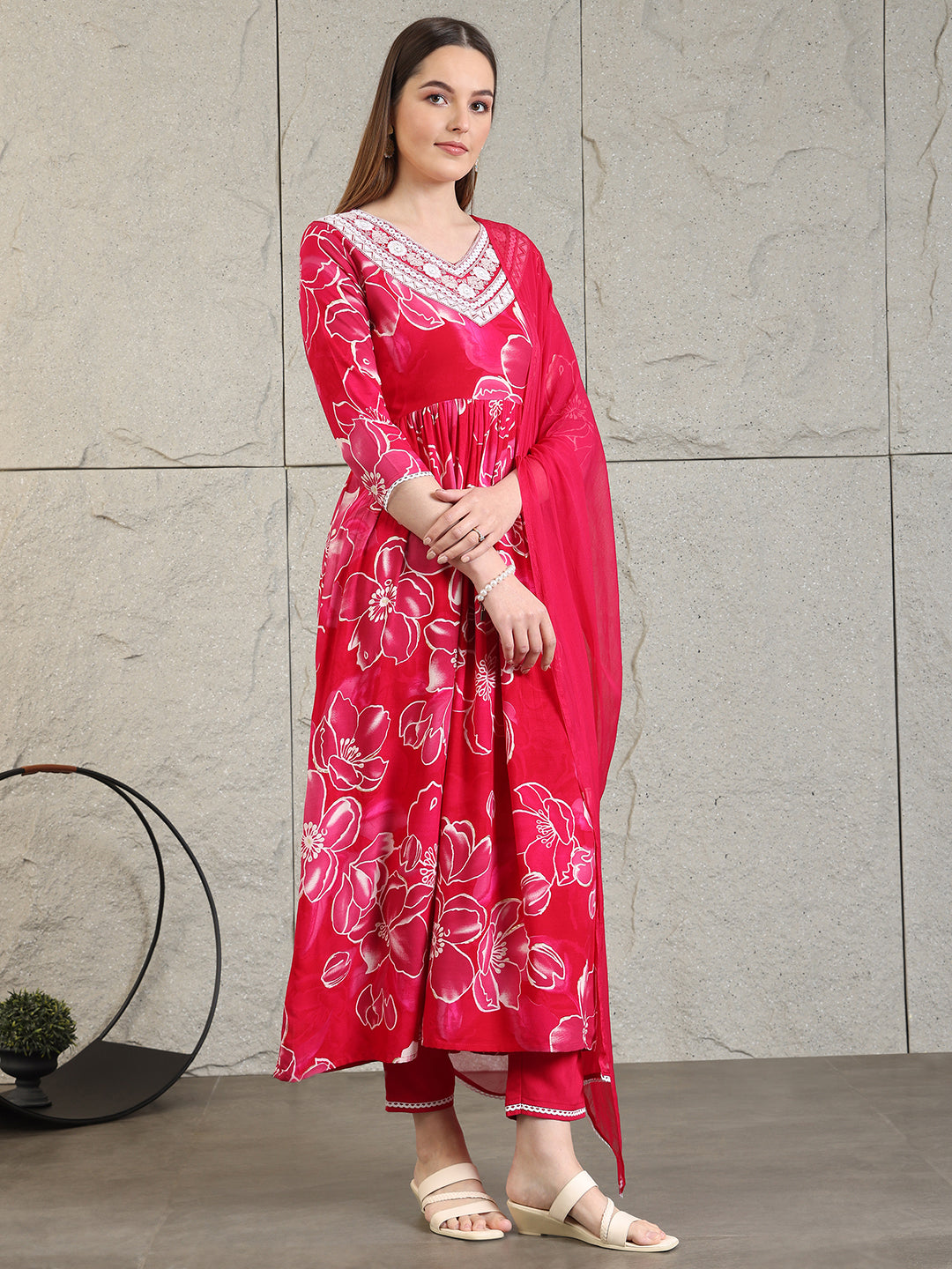 Embroidered & Floral Printed Flared A-line kurta with pant & dupatta