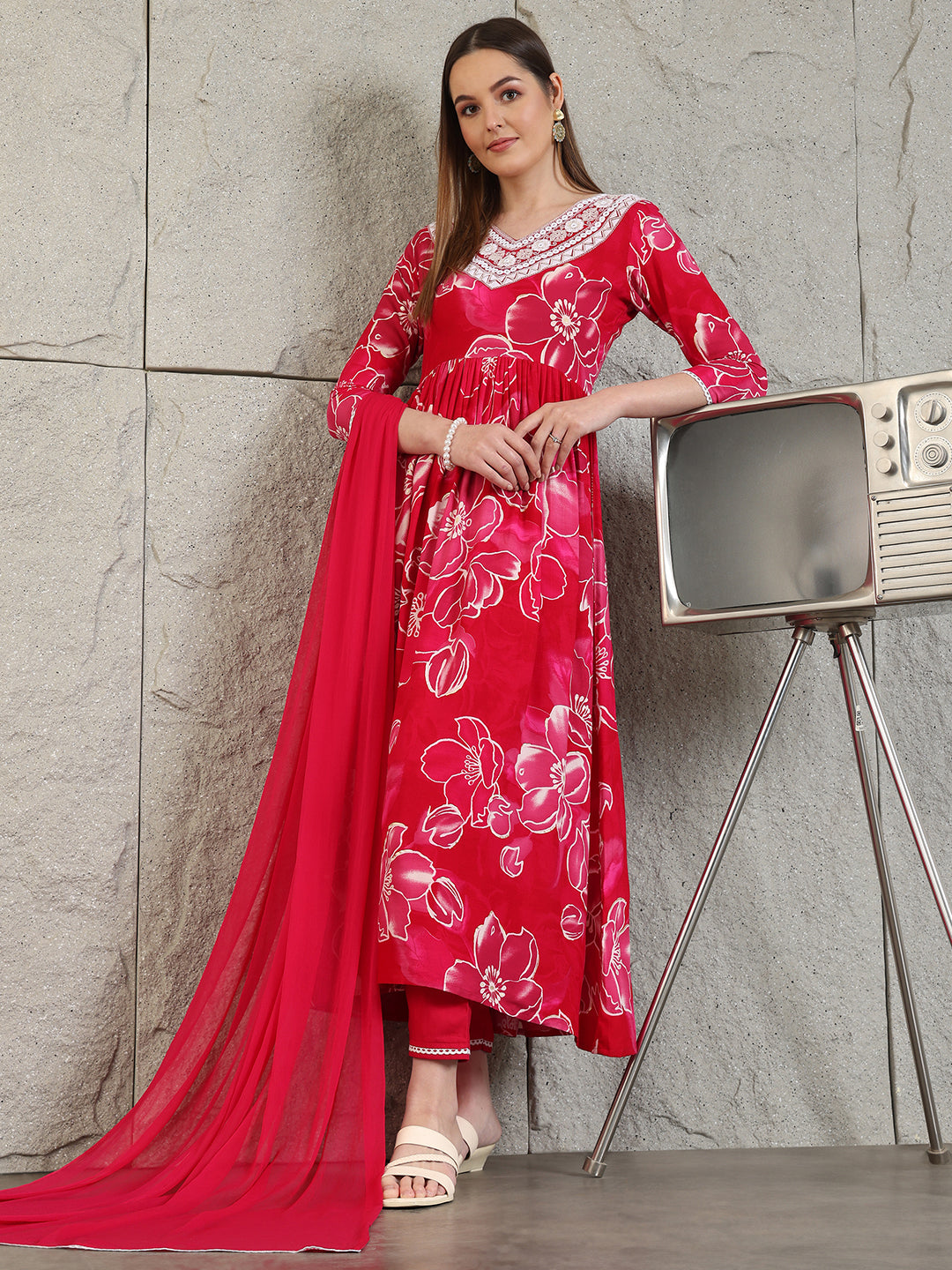 Embroidered & Floral Printed Flared A-line kurta with pant & dupatta