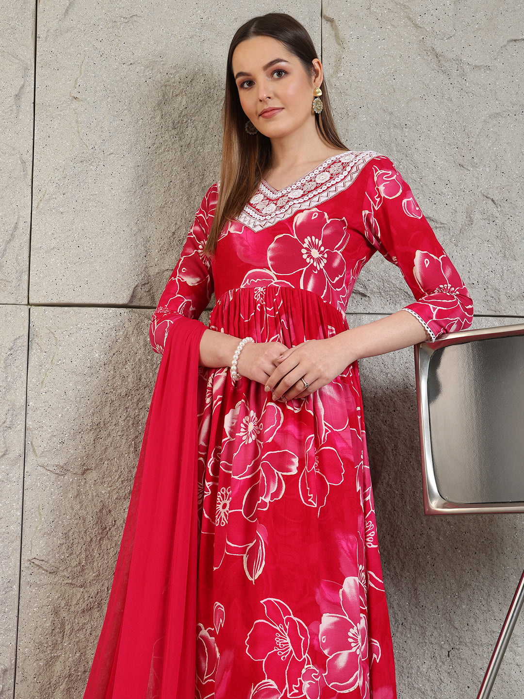 Embroidered & Floral Printed Flared A-line kurta with pant & dupatta