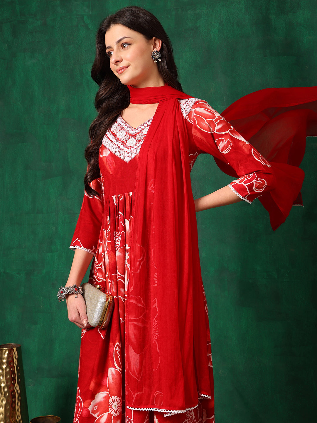 Embroidered & Floral Printed Flared A-line kurta with pant & dupatta