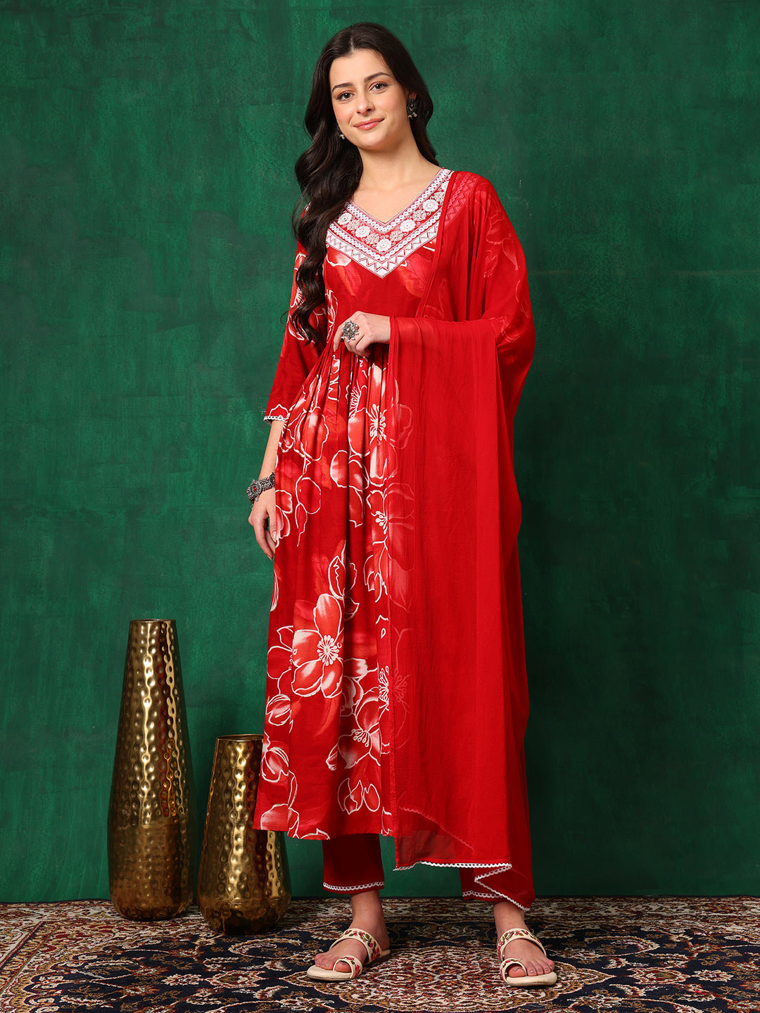 Embroidered & Floral Printed Flared A-line kurta with pant & dupatta