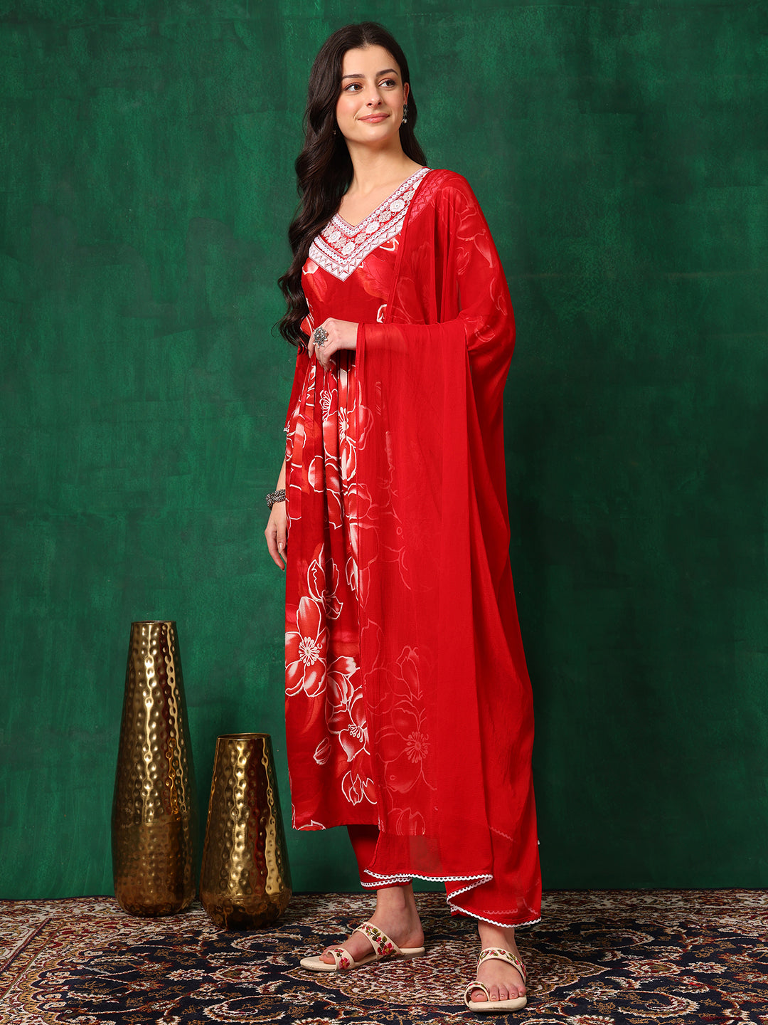 Embroidered & Floral Printed Flared A-line kurta with pant & dupatta