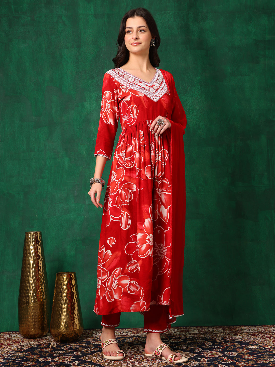 Embroidered & Floral Printed Flared A-line kurta with pant & dupatta