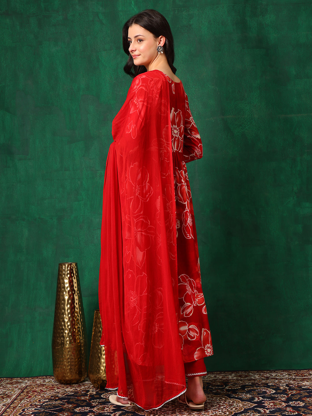 Embroidered & Floral Printed Flared A-line kurta with pant & dupatta