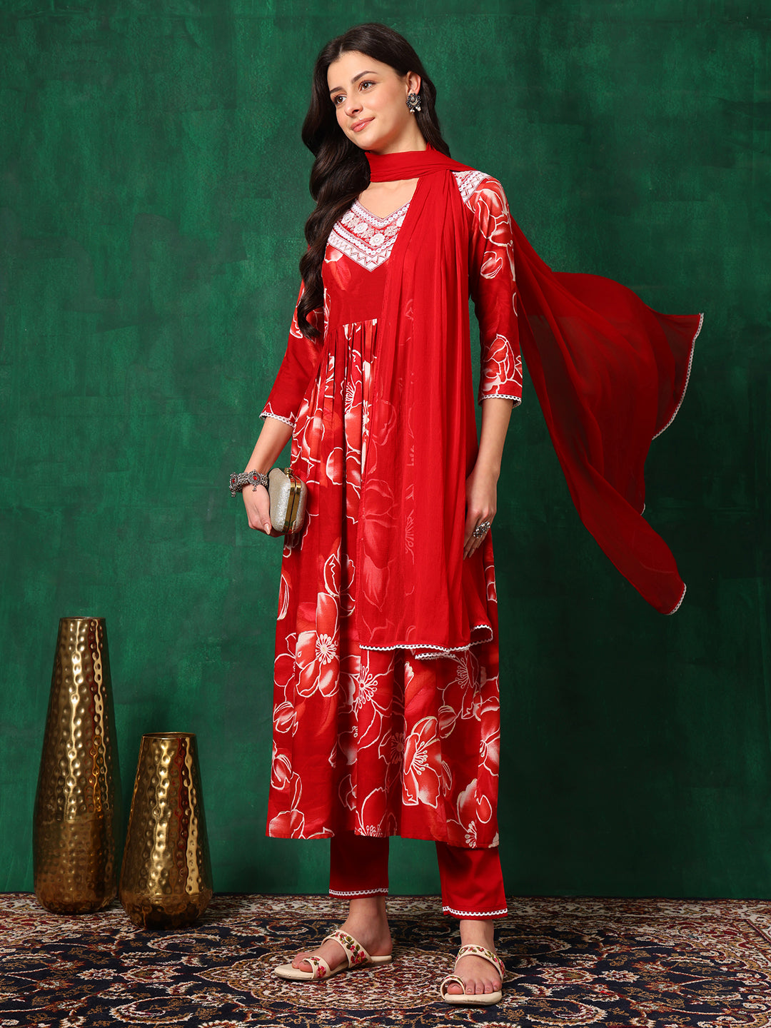 Embroidered & Floral Printed Flared A-line kurta with pant & dupatta