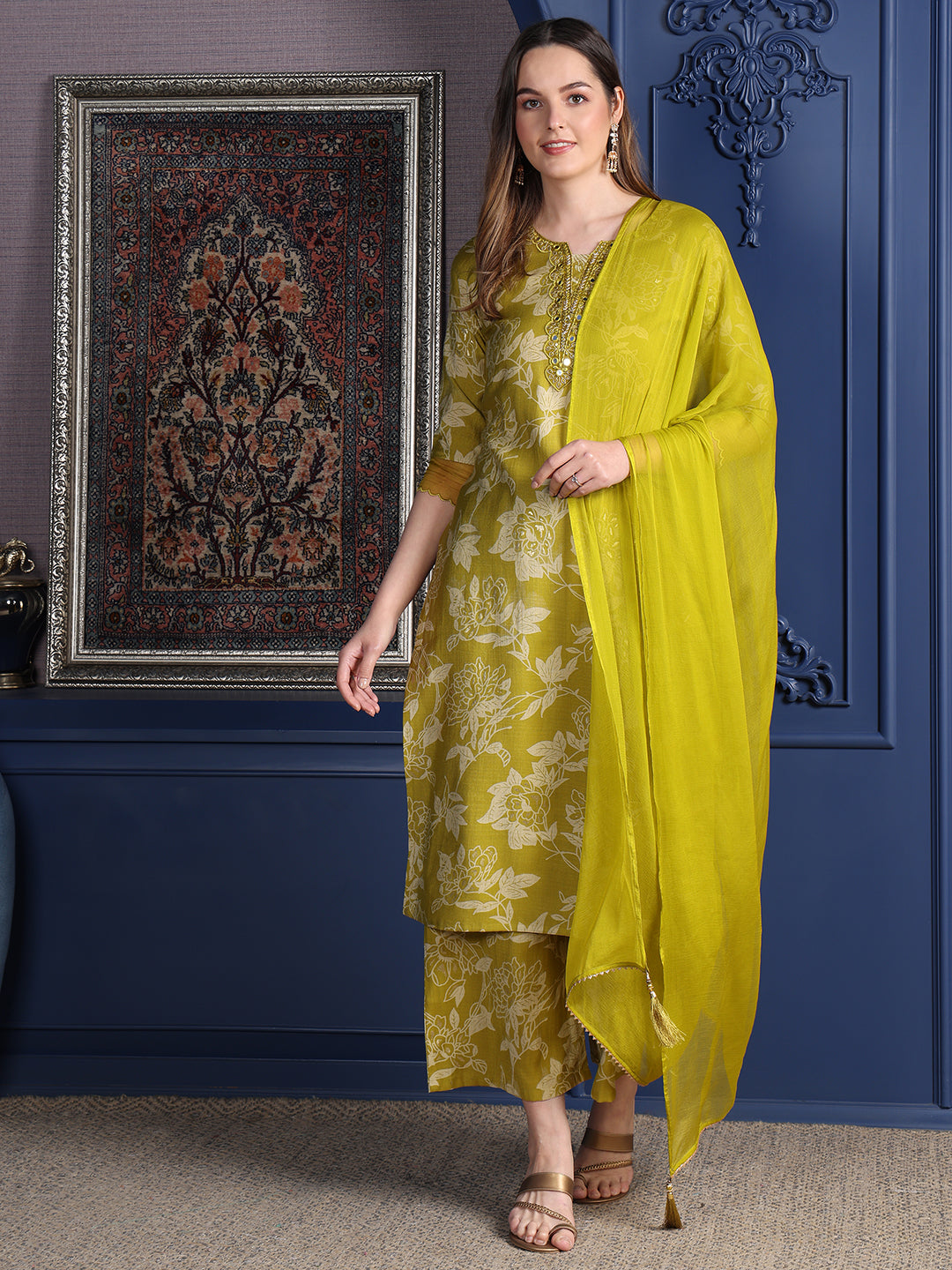 Embroidered & Printed kurta with Palazzo & Dupatta