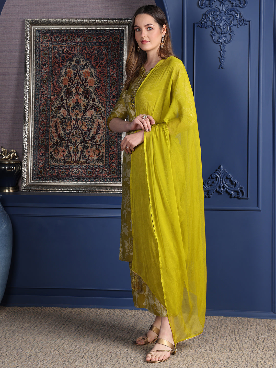 Embroidered & Printed kurta with Palazzo & Dupatta