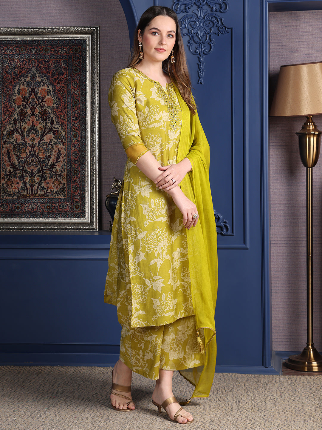 Embroidered & Printed kurta with Palazzo & Dupatta