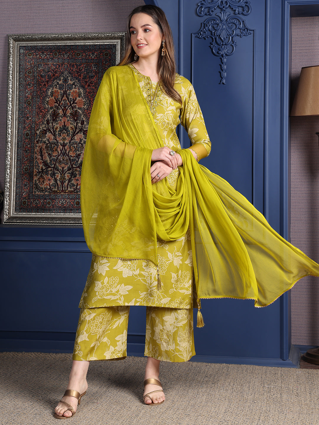 Embroidered & Printed kurta with Palazzo & Dupatta