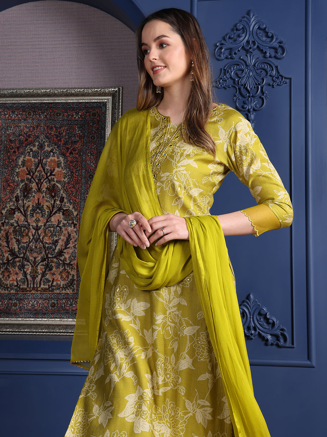 Embroidered & Printed kurta with Palazzo & Dupatta