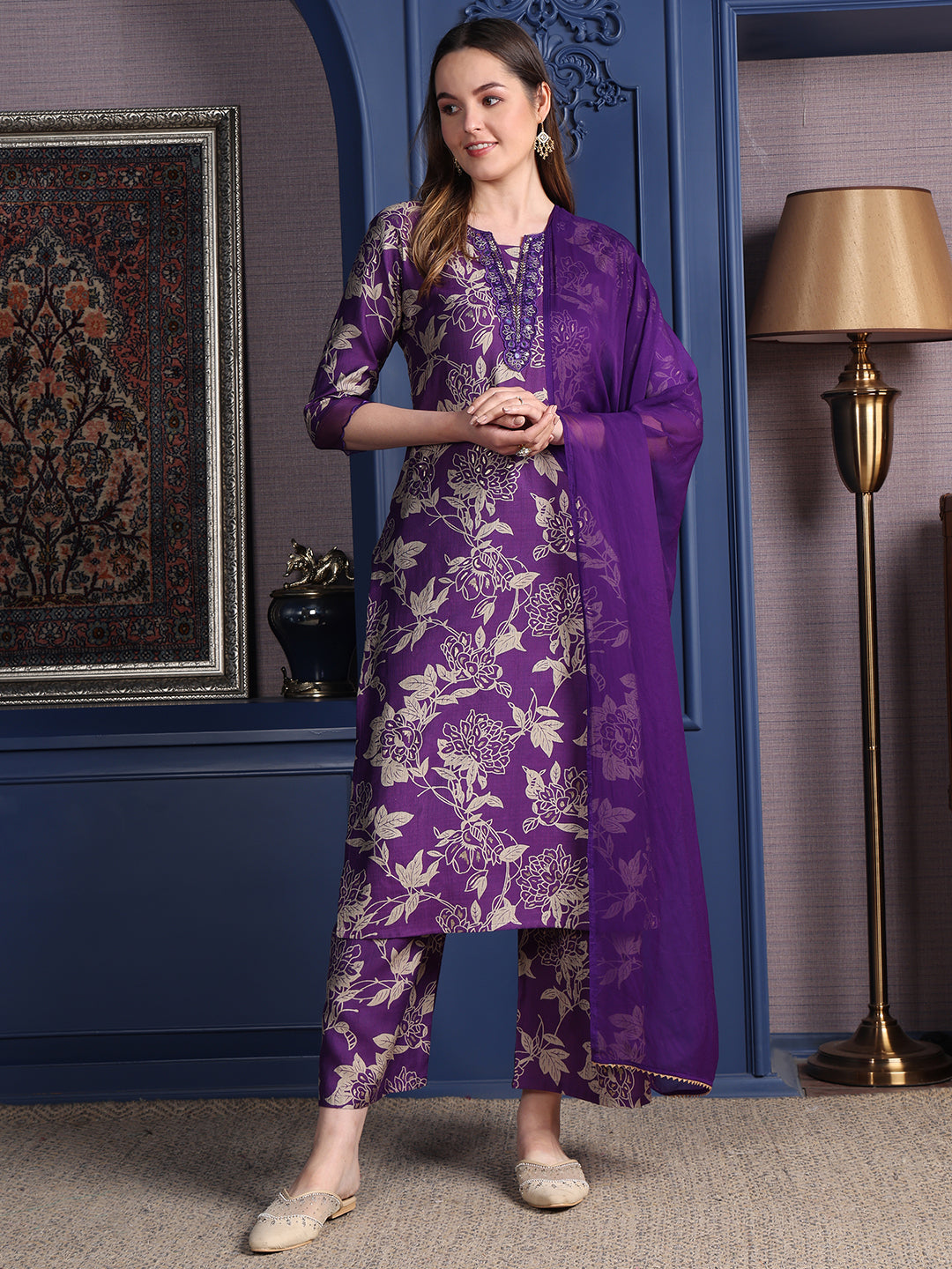 Embroidered & Printed kurta with Palazzo & Dupatta