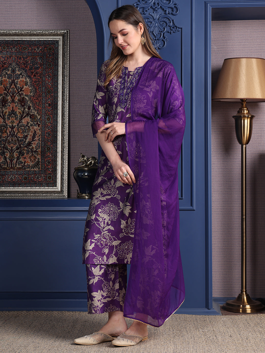 Embroidered & Printed kurta with Palazzo & Dupatta