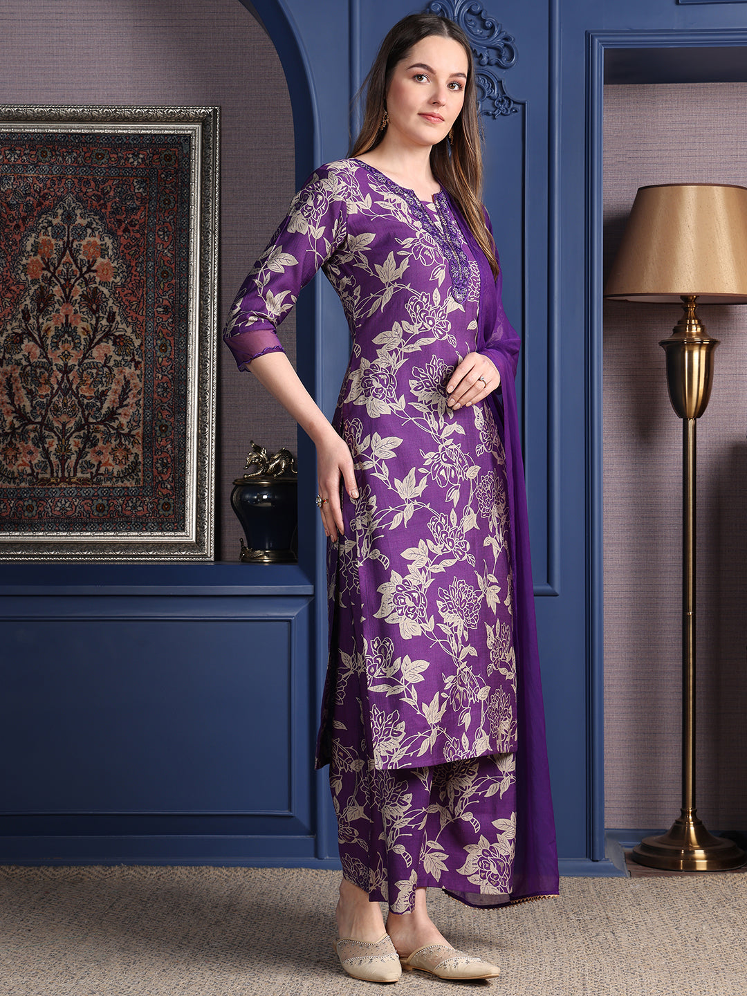 Embroidered & Printed kurta with Palazzo & Dupatta