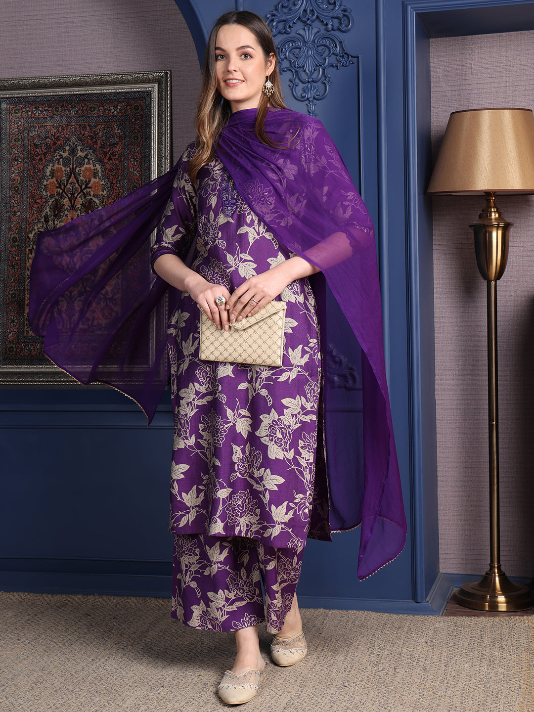 Embroidered & Printed kurta with Palazzo & Dupatta