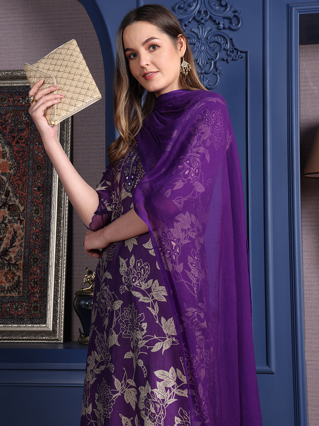 Embroidered & Printed kurta with Palazzo & Dupatta