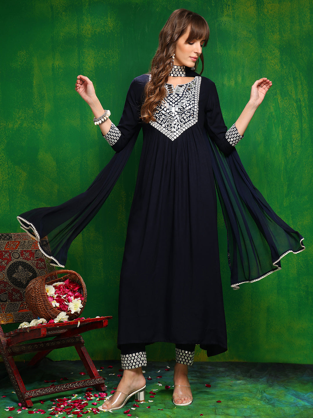 Mirror Embroidered Kurta with pant & Necklace Dupatta
