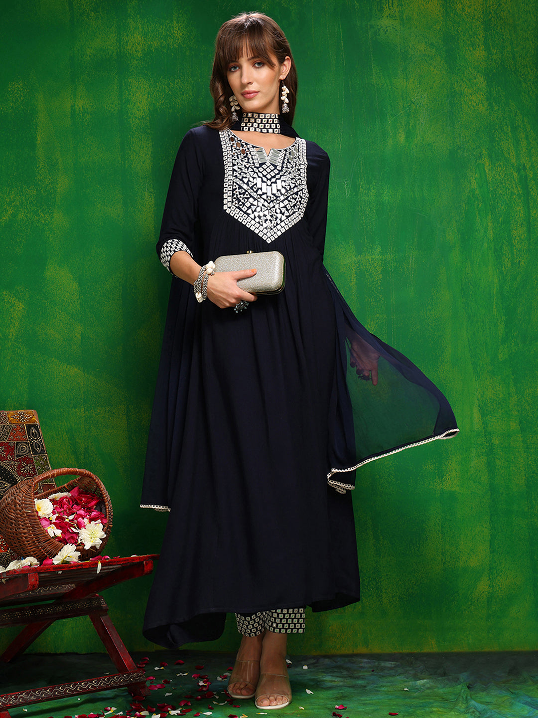 Mirror Embroidered Kurta with pant & Necklace Dupatta