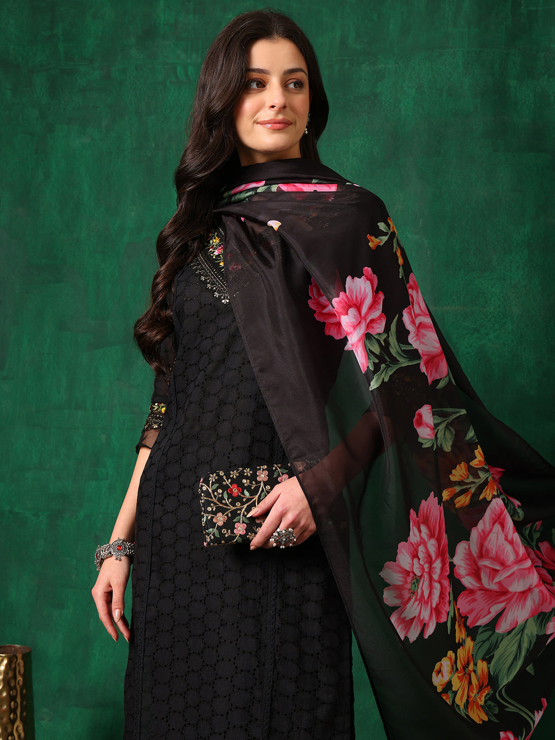 Embroidered Chikankari Kurta with Pant & Printed Dupatta