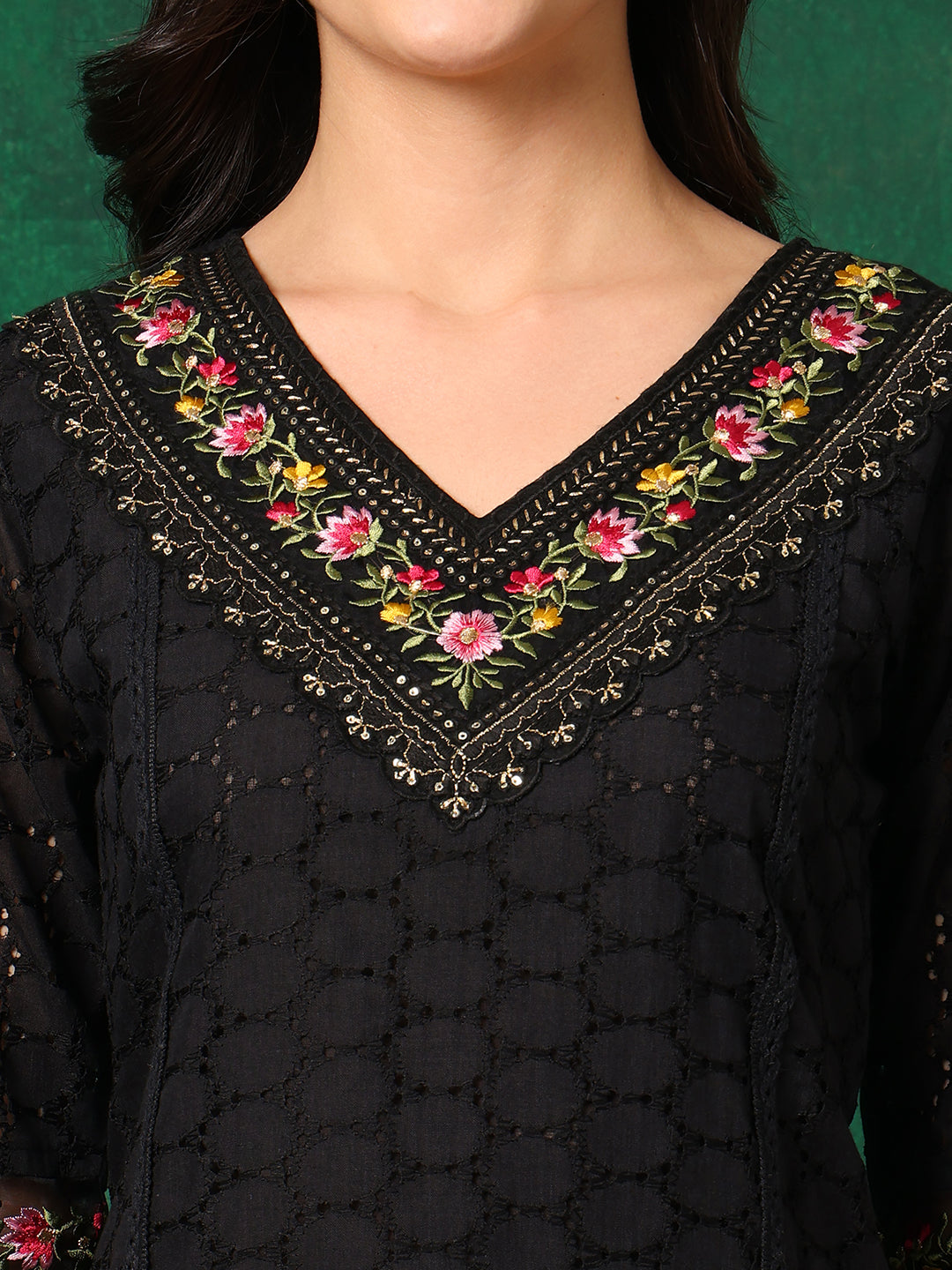 Embroidered Chikankari Kurta with Pant & Printed Dupatta