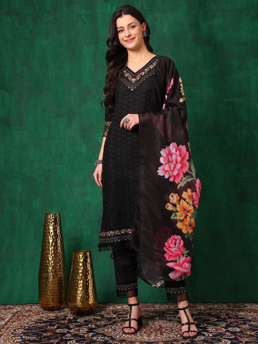 Embroidered Chikankari Kurta with Pant & Printed Dupatta