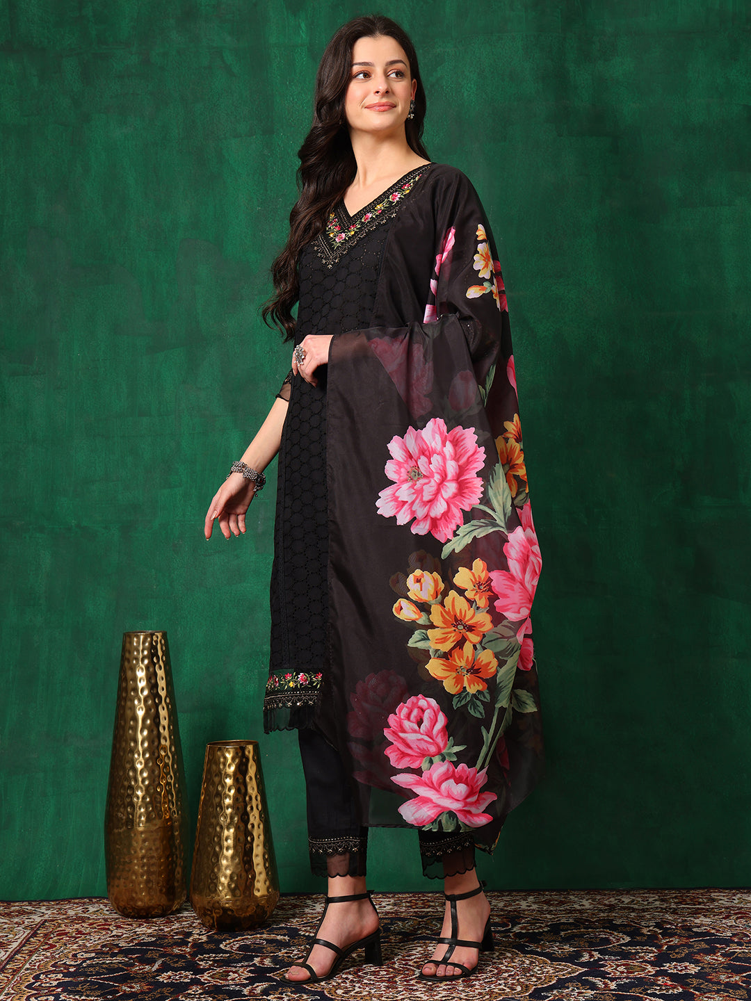 Embroidered Chikankari Kurta with Pant & Printed Dupatta
